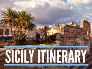Remnants of Apollo Temple in Syracuse Sicily with a text overlay spelling 