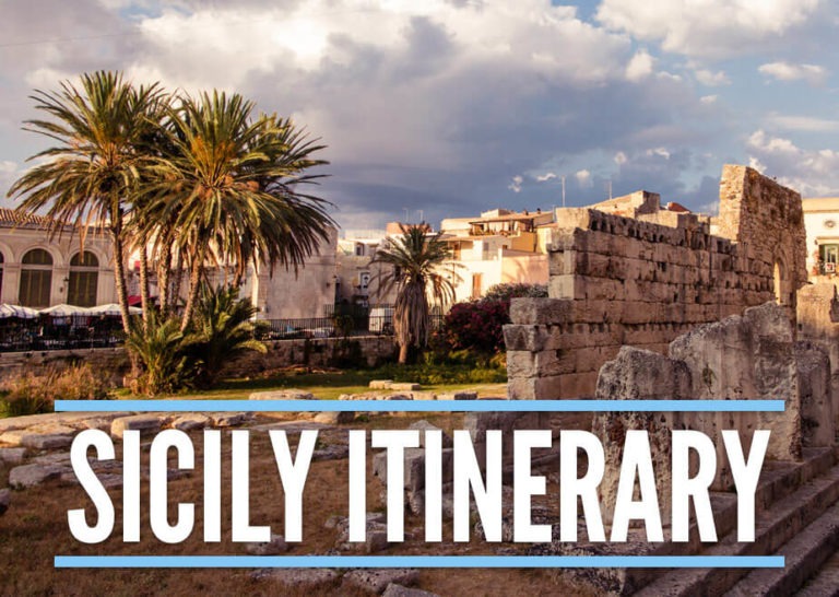 Remnants of Apollo Temple in Syracuse Sicily with a text overlay spelling "Sicily Itinerary"