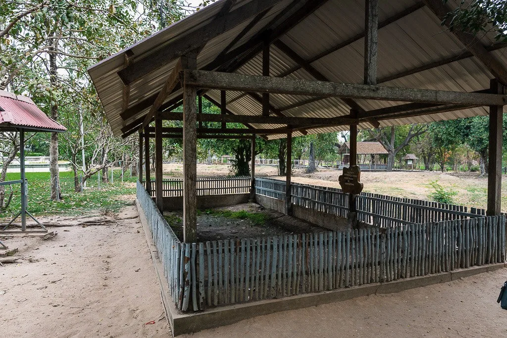 A wooden structure on the killing fields site in Cambodia