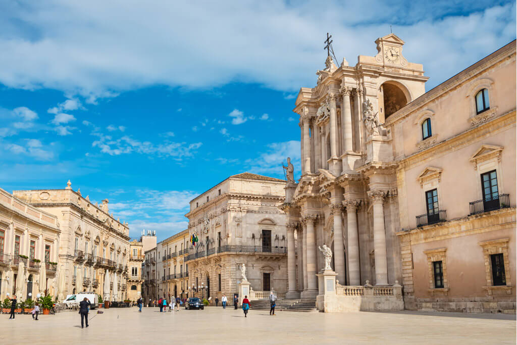 View of the main square of Ortygia, Old Town of Syracuse in Sicily Italy