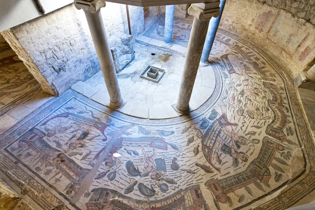 View of preserved Roman mosaics at Villa Romana del Casale in Sicily