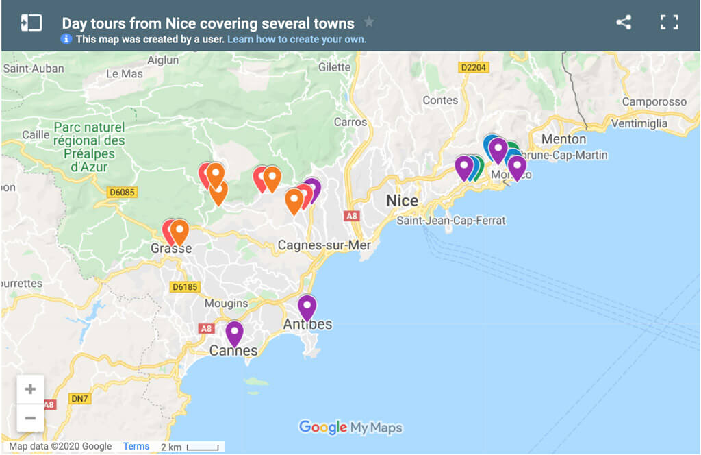 Map of trips around Nice France
