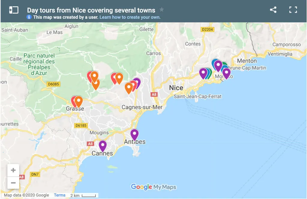 Map of trips around Nice France