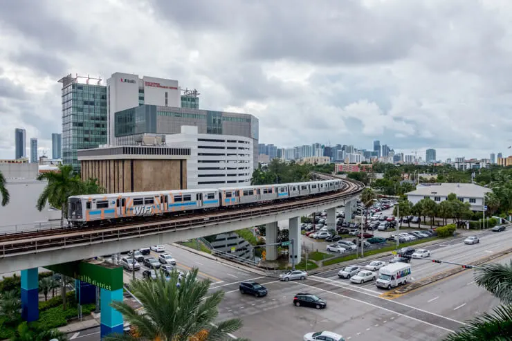 View of Metrorail in Miami on elevated rail tracks