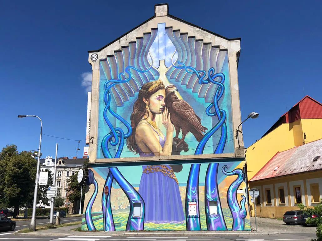 A large mural of a woman with an eagle in Olomouc Czech Republic