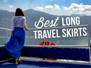 A woman standing on a boat with text overlay: Best Long Travel Skirts