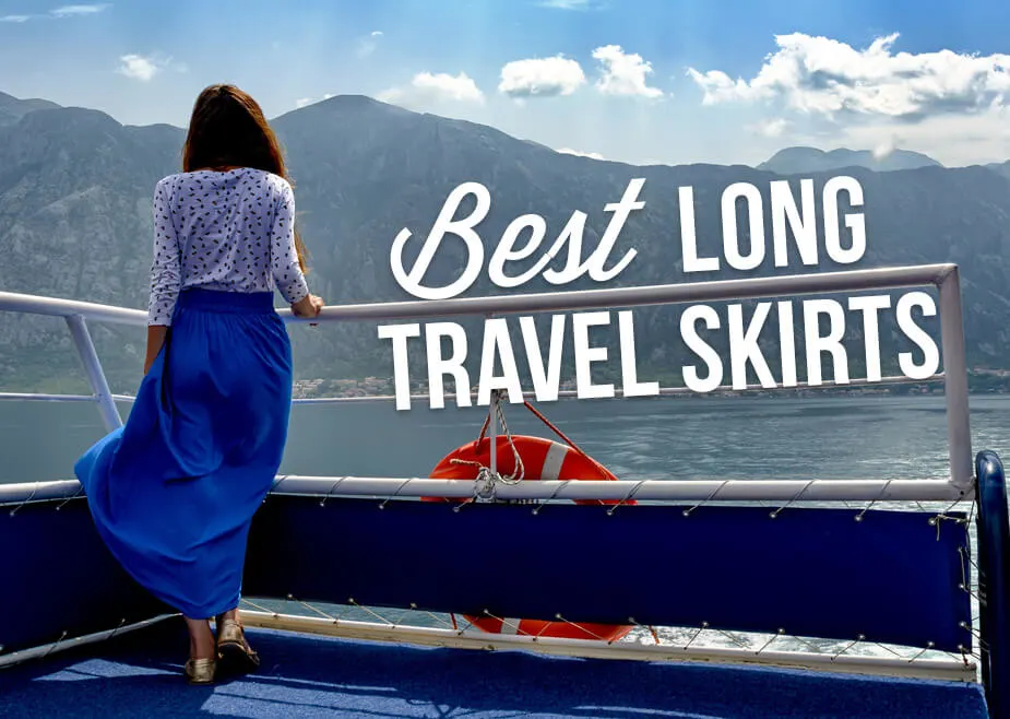 A woman standing on a boat with text overlay: Best Long Travel Skirts