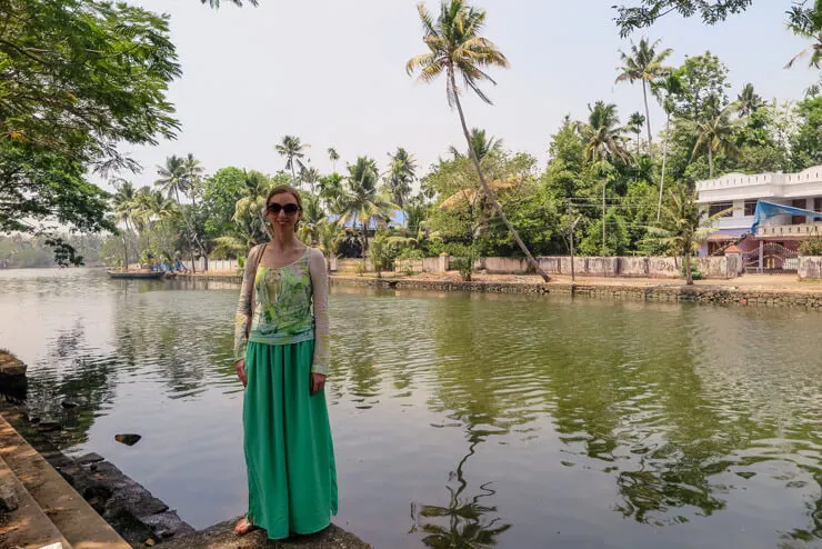 Wearing a long green travel skirt in India
