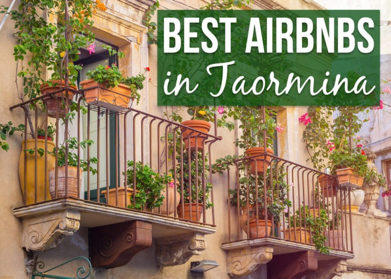 View of balconies with text overlay "Best Airbnbs in Taormina"