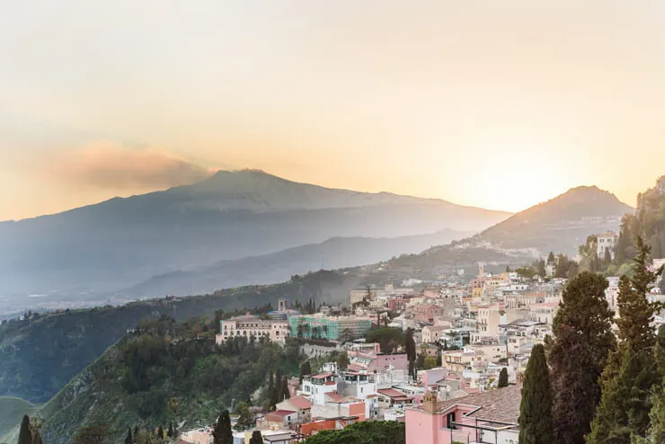 View of Taormina Sicily upon sunset or sunrise
