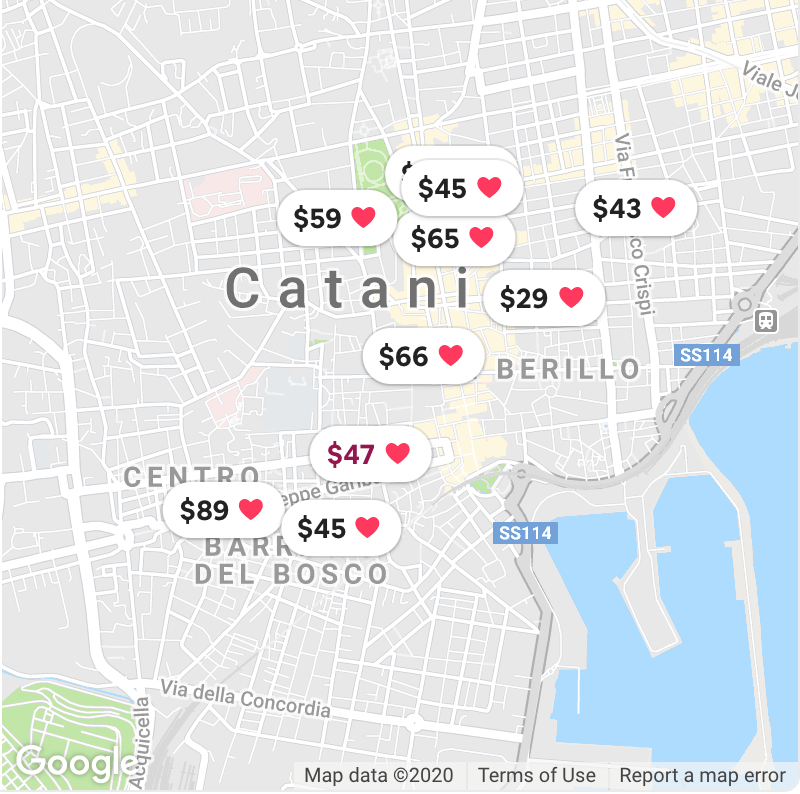 Map of selected Catania Airbnbs