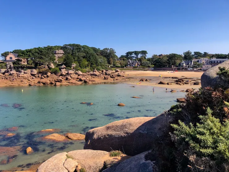 Saint-Guirec Beach in Brittany at high tide