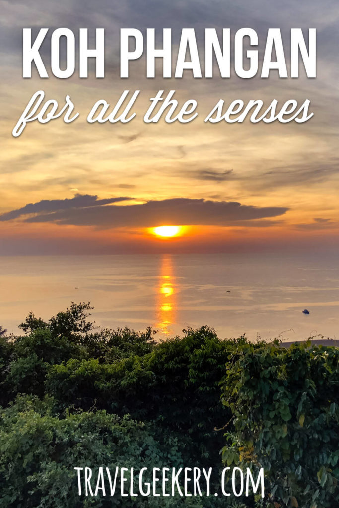 Photo of a sunset in Koh Phangan with text overlay: Koh Phangan for all the senses