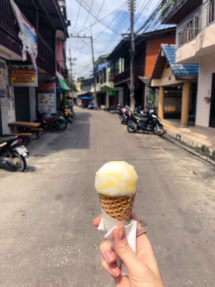 Ice cream cone with a view of Thong Sala village in Koh Phangan
