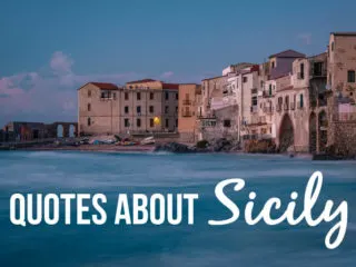 Cefalu coastline with a text overlay: Quotes about Sicily