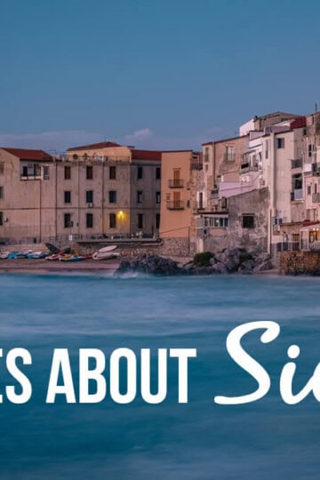 Cefalu coastline with a text overlay: Quotes about Sicily