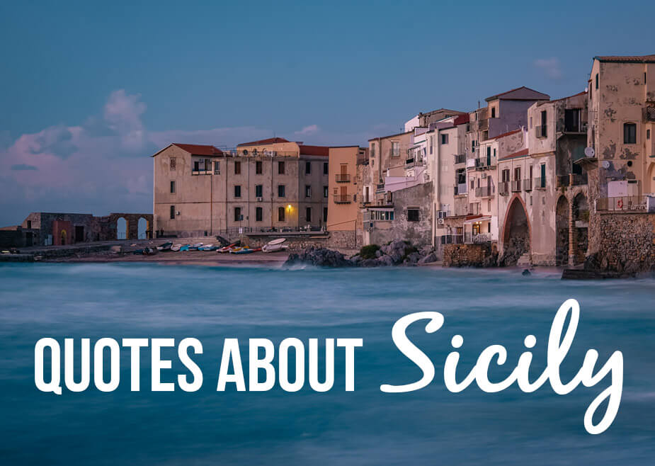 Cefalu coastline with a text overlay: Quotes about Sicily