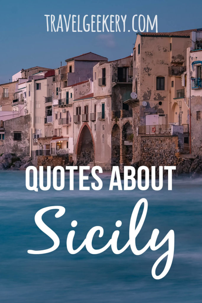 View of Cefalu coastline with a text overlay: Quotes about Sicily