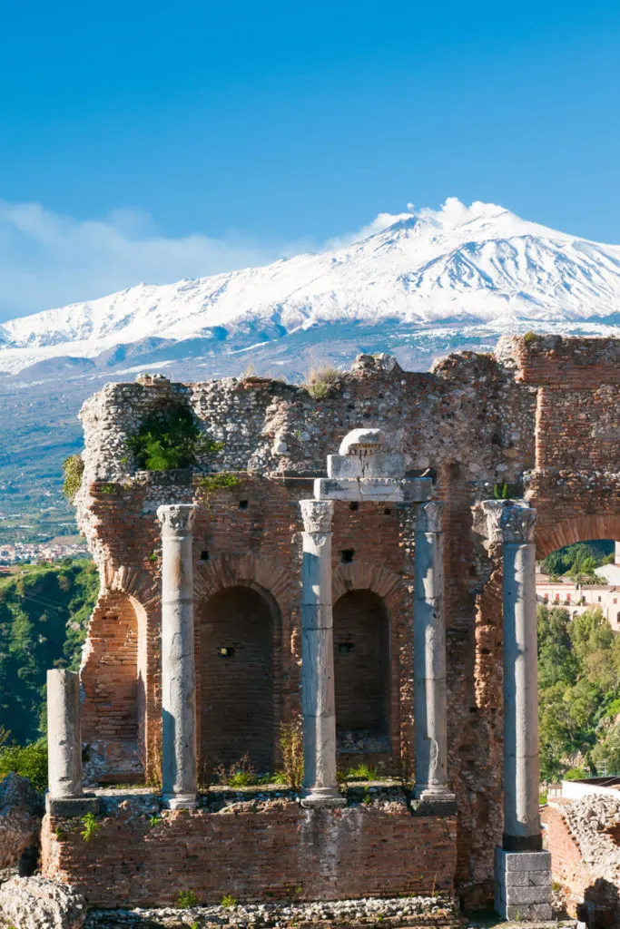 View of Ancient Greek Theatre in Taormina and snowy Mount Etna