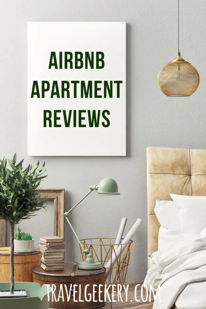 Interior with a text overlay: Airbnb Apartment Reviews