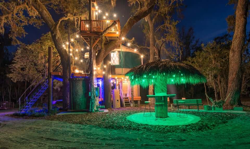 View of a treehouse at night