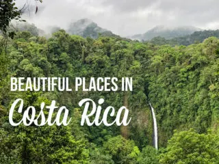 lush greenery and a waterfall with text overlay: Beautiful Places in Costa Rica