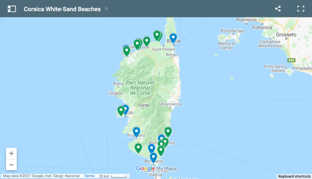 Google Map of Beaches with White Sand in Corsica