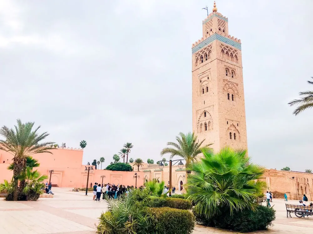 A mosque with a large minaret in Marrakech Morocco