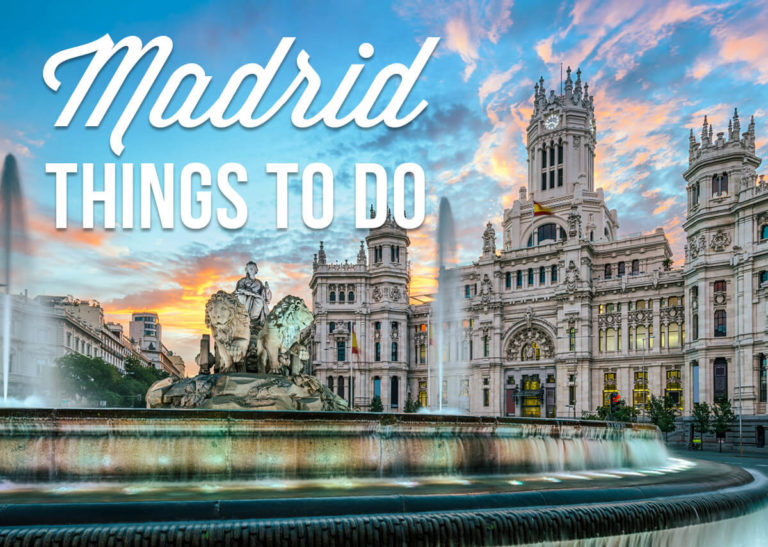 A palace and a fountain with a text overlay: Madrid Things to Do