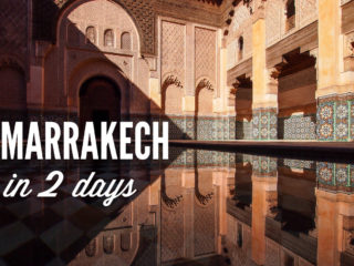 A photo of a courtyard of an ancient college in Marrakech, Morocco with a text overlay: Marrakech in 2 days