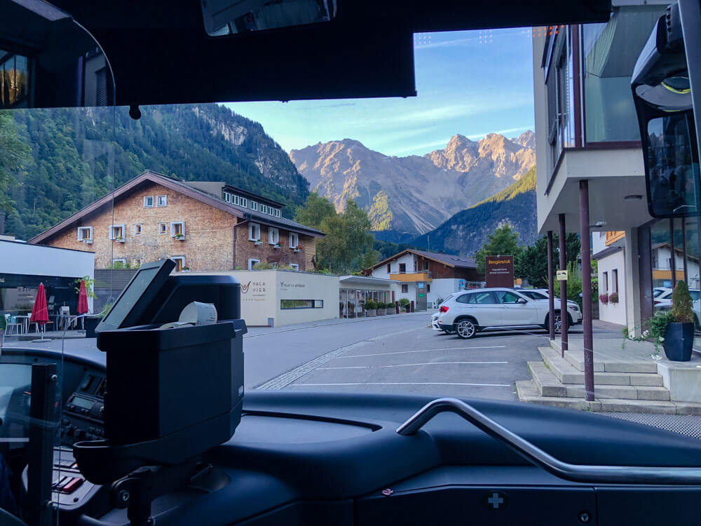 View of an alpine landscape from a bus