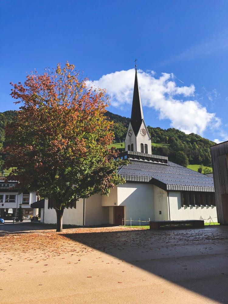 A pointy church in an Austrian village called Mellau