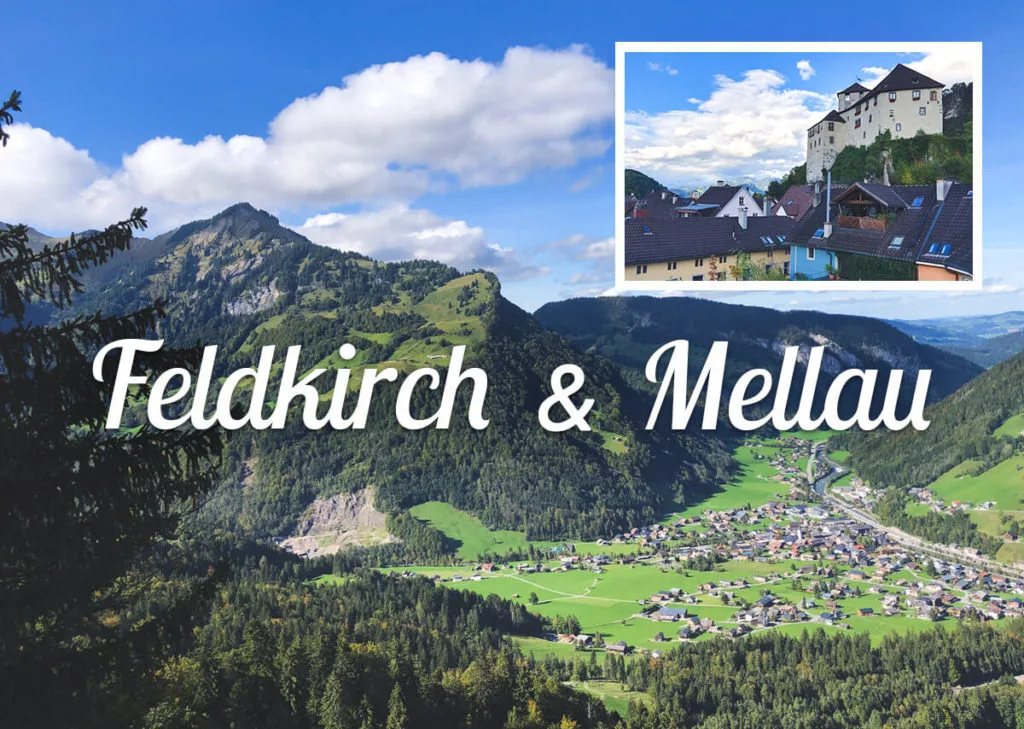 Two images in one - an Alpine village (Mellau) and a nearby town (Feldkirch)