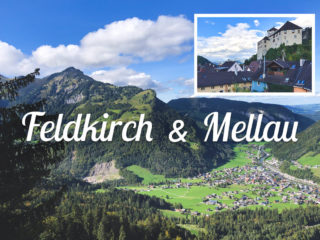 Two images in one - an Alpine village (Mellau) and a nearby town (Feldkirch)