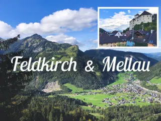 Two images in one - an Alpine village (Mellau) and a nearby town (Feldkirch)