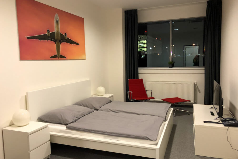 An interior of a hotel room at Prague Airport