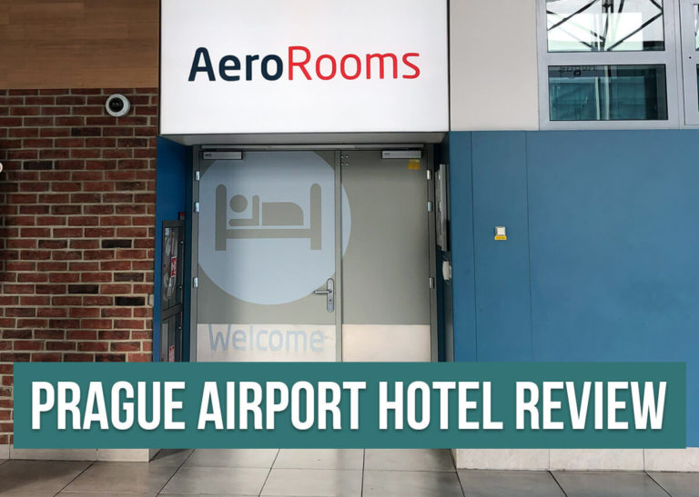 View of an airport hotel entrance with the sign Aerorooms and a text overlay: Prague Airport Hotel Review