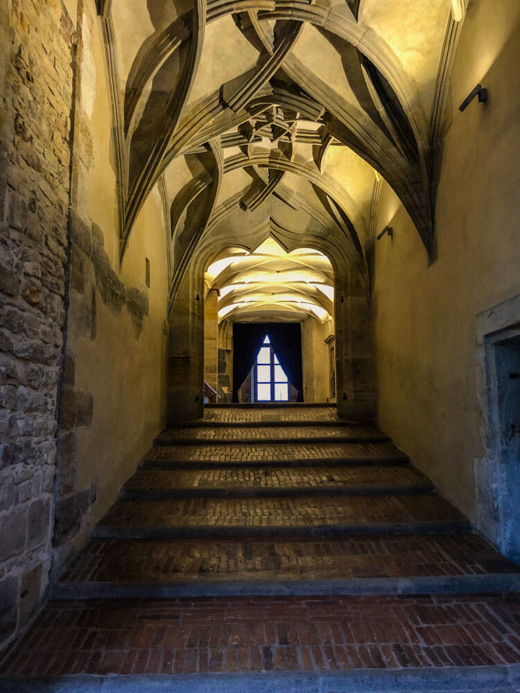 A staircase with low steps to allow for horses to pass through - Rider's staircase in Old Royal Palace of Prague Castle