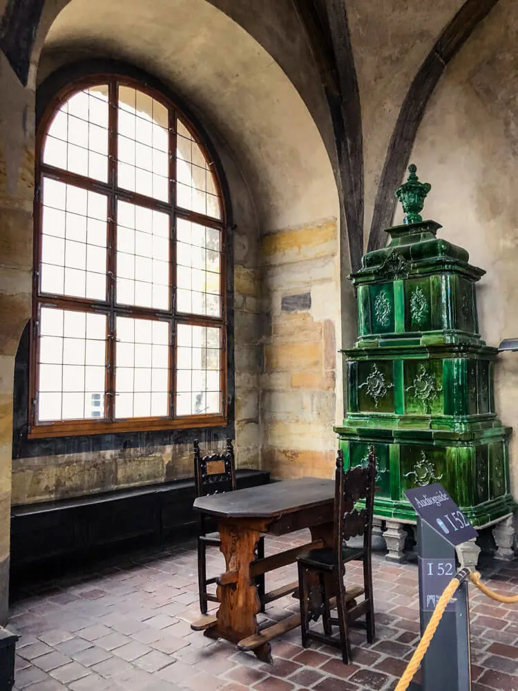 Large windows at Old Royal Palace in Prague Castle