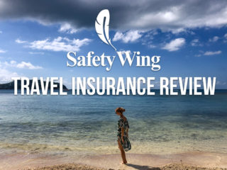 Veronika on a beach in Thailand with a text overlay: SafetyWing Travel Insurance Review