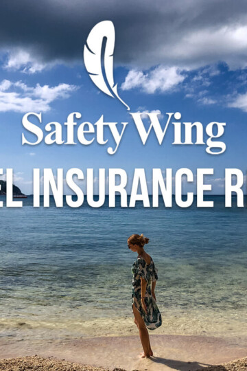 Veronika on a beach in Thailand with a text overlay: SafetyWing Travel Insurance Review