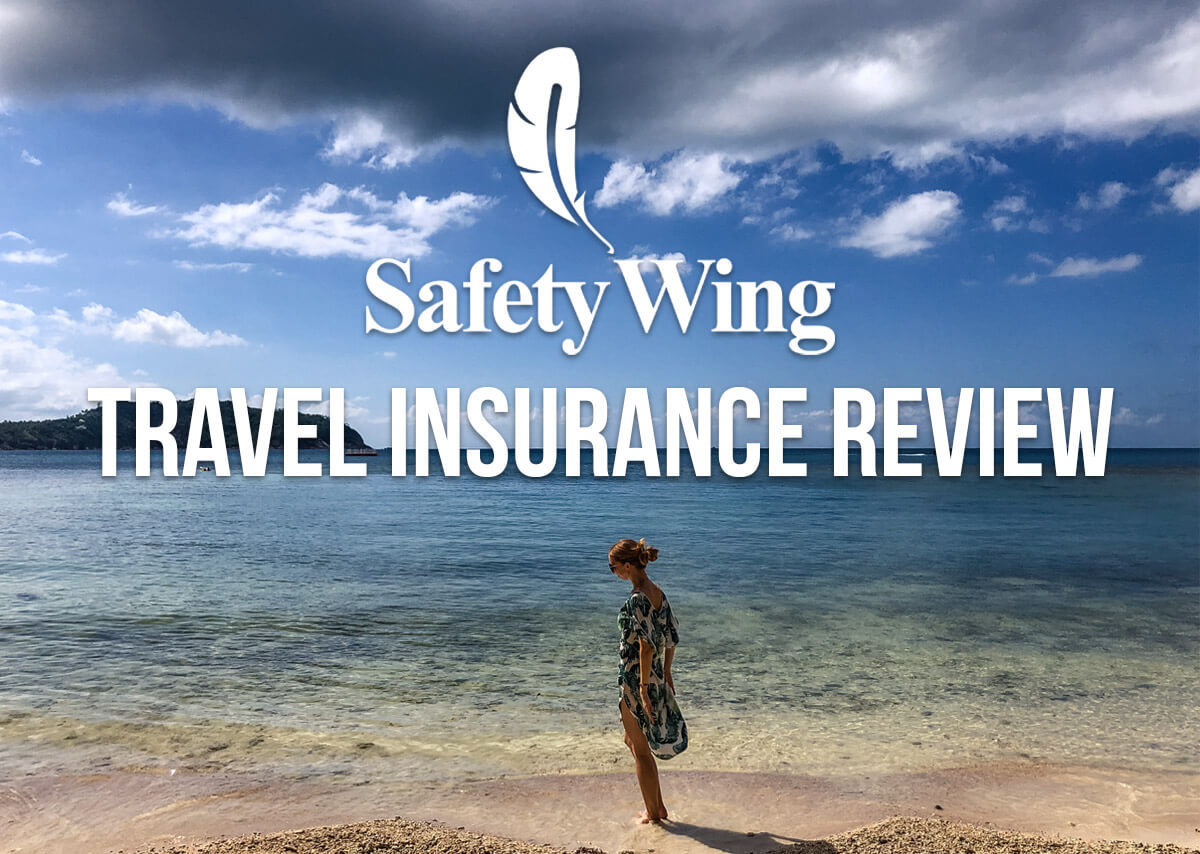 Veronika on a beach in Thailand with a text overlay: SafetyWing Travel Insurance Review