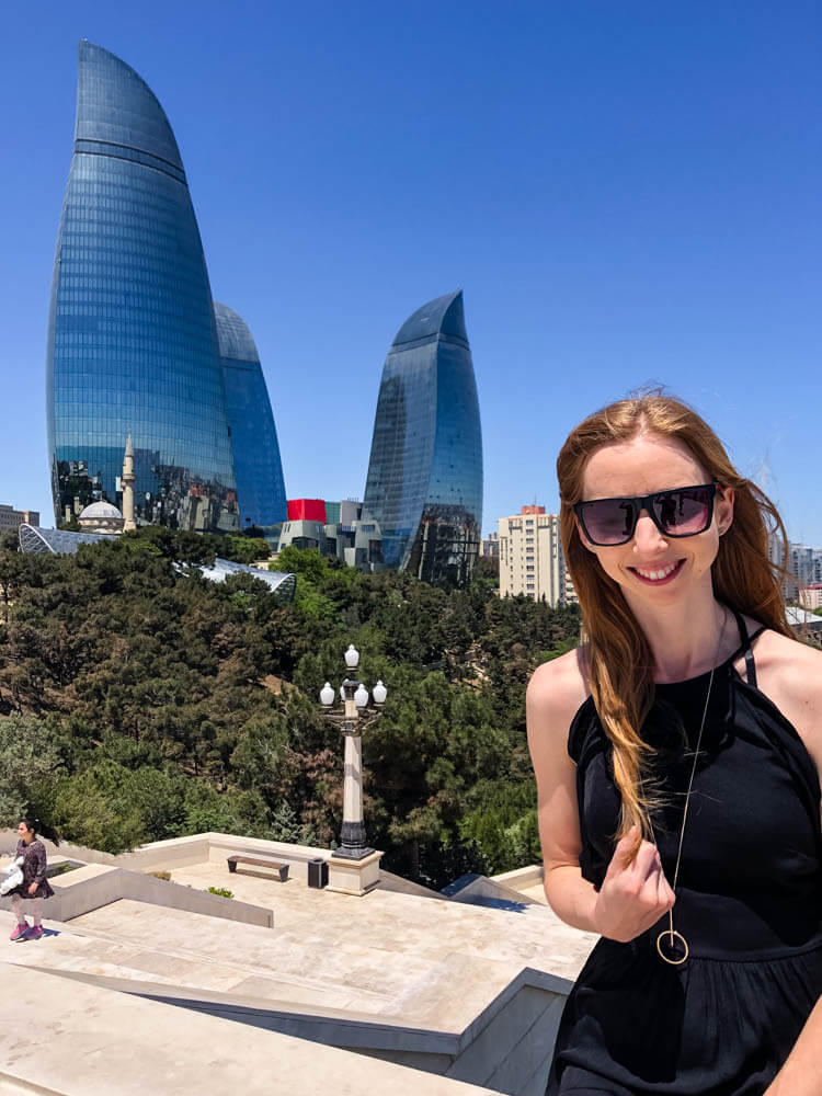 Veronika posing in front of Baku's iconic Flame Towers