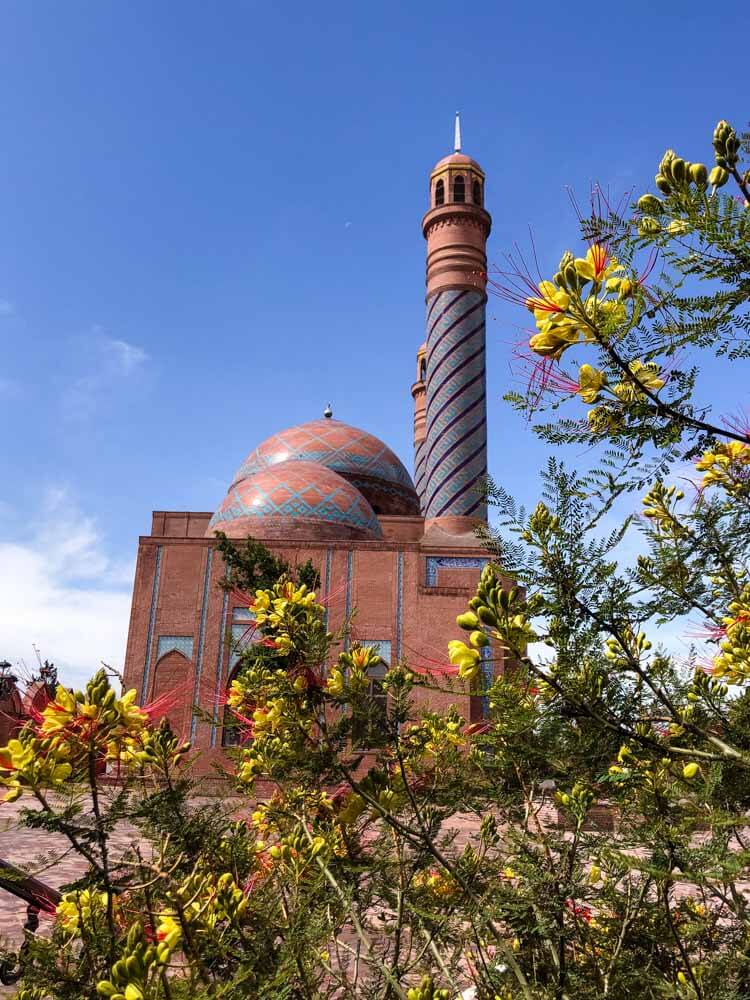 A photo of a mausoleum in Azerbaijan taken through a blossoming bush