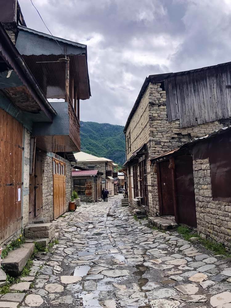 A view of a cobbled street in a mountain village in Azerbaijan