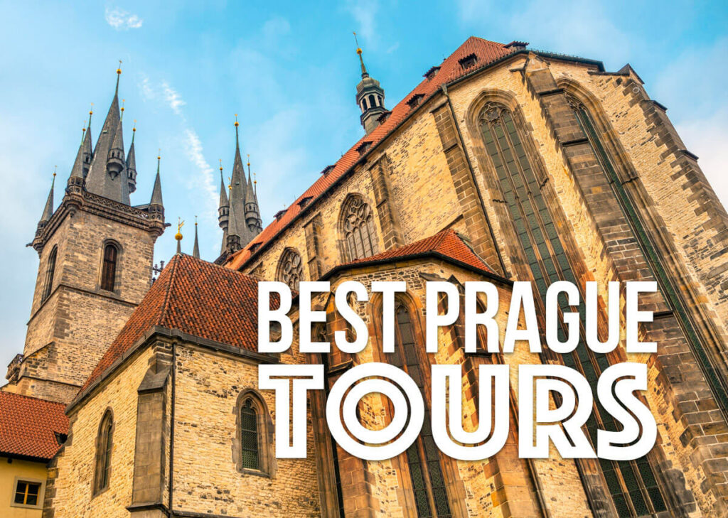 A church in Prague - view from below with a text overlay: Best Prague Tours