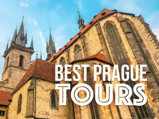 A church in Prague - view from below with a text overlay: Best Prague Tours