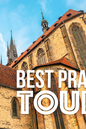 A church in Prague - view from below with a text overlay: Best Prague Tours