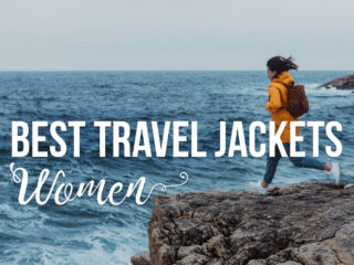 A woman running towards the sea with a text overlay: Best Travel Jackets Women