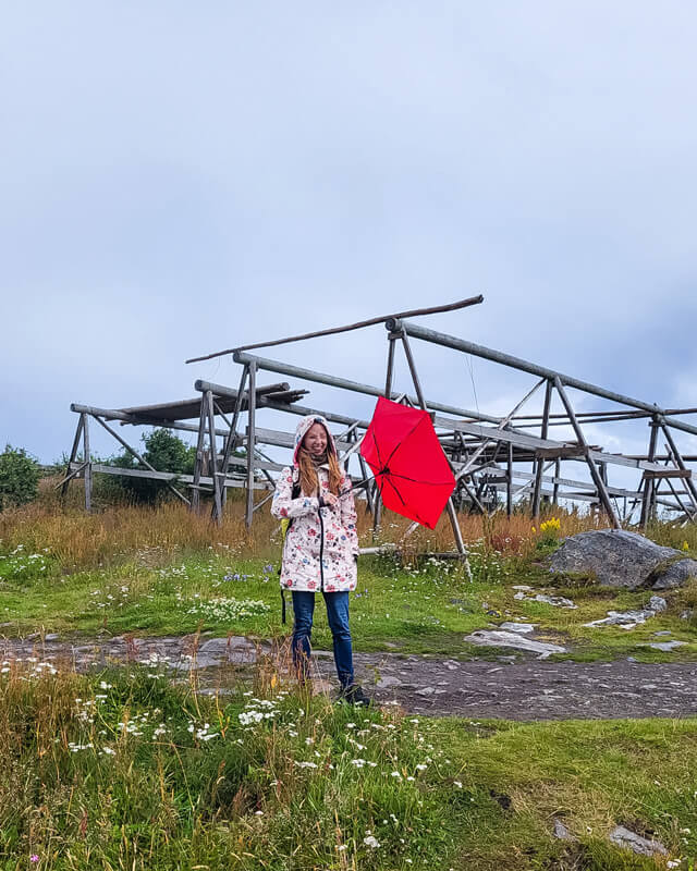 Veronika in a travel raincoat posing in rain in Norway